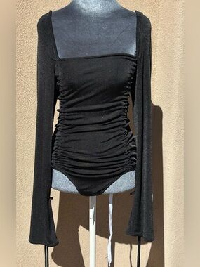 Free People Intimates Black Long Sleeve Bodysuit with Tie Sleeves